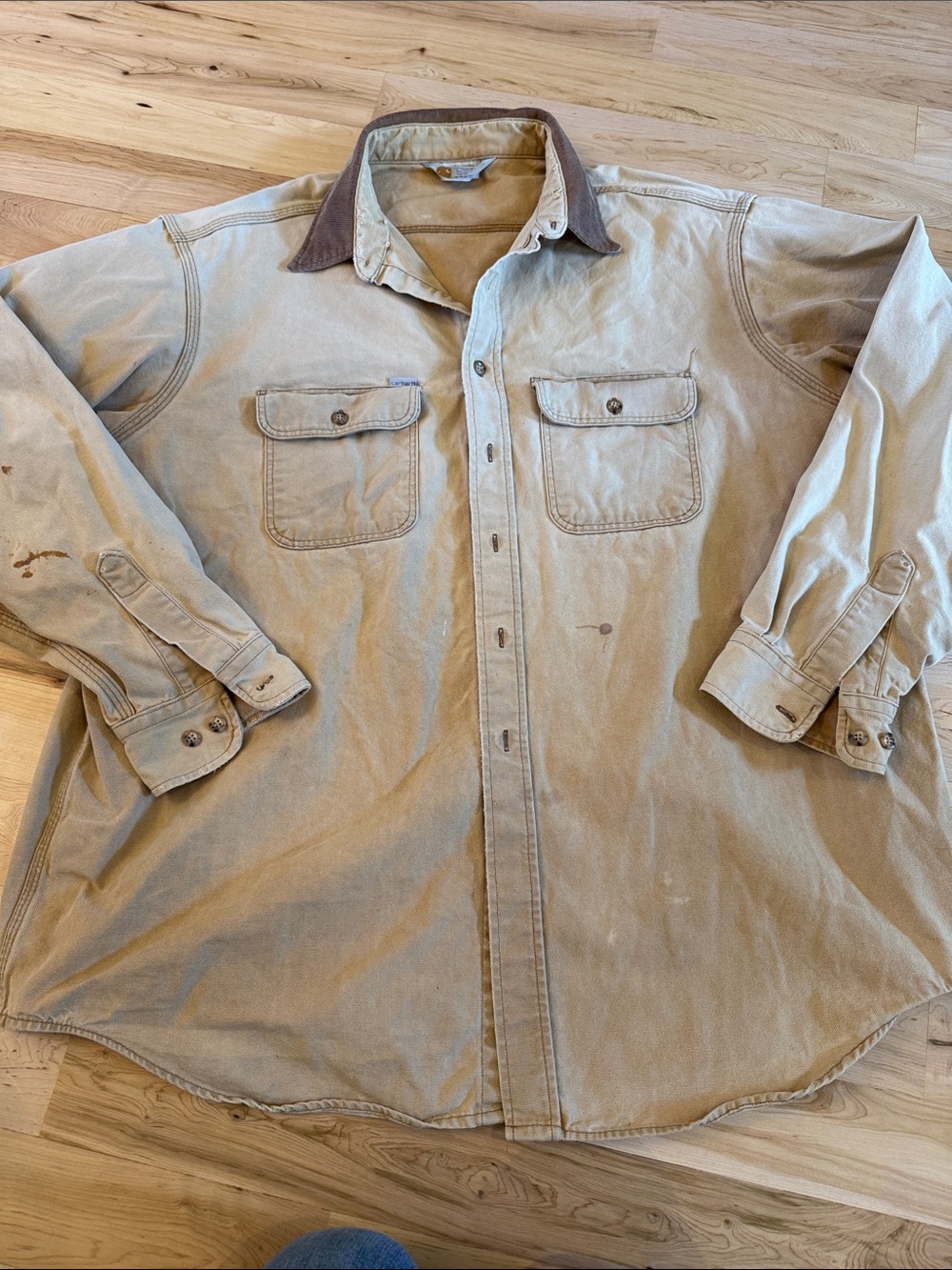 Vintage Distressed Carhartt duck canvas work shirt jacket-brown corduroy collar